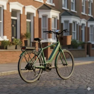 A modern green step-through EAPC electric bike with a basket parked on a cobbled street outside British terraced houses.