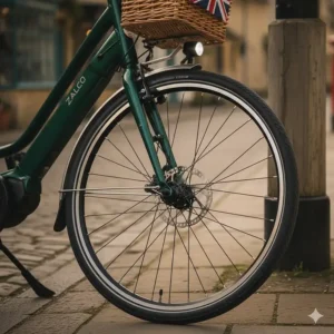 Detailed view of the hydraulic disc brakes and integrated LED lights on a step-through electric bike for UK road safety.