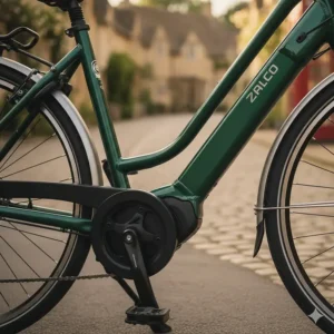 The mid-drive motor and integrated battery pack on a premium step-through electric bike.