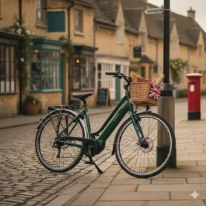 A step-through electric bike parked outside a UK high street shop with a front wicker basket and groceries.