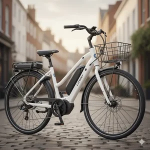 A detailed illustration of a white electric bike for women featuring a low-step-through frame for easy mounting.