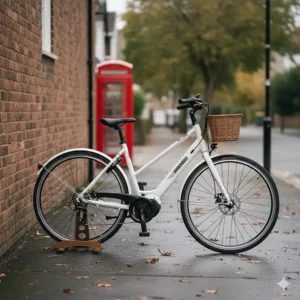 Alt text for image 8 A white step-through frame hybrid electric bike leaning against a traditional brick wall, offering easy mounting for commuters.