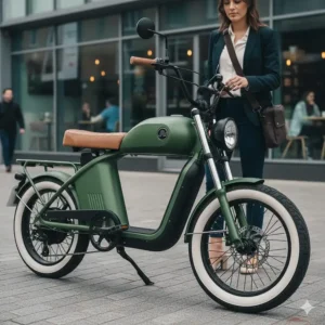 Close-up of the low-step frame on a moped-style e-bike for easy mounting in urban environments.