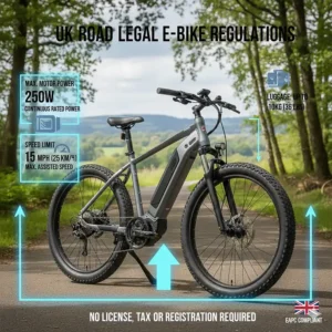 Illustration explaining UK EAPC law, featuring a 250W motor and 15.5mph speed limit for heavy riders.