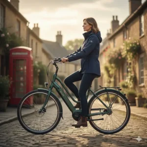 Illustration showing the ergonomic upright riding position of a step-through electric bike for improved back comfort.