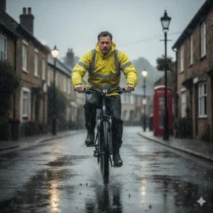 Alt text for image 7: A person riding a long range electric bike through light rain on a paved urban cycle path, showing the bike's all-weather durability.