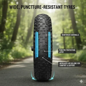 Cross-section of wide, puncture-resistant e-bike tyres designed to support extra weight and improve comfort.