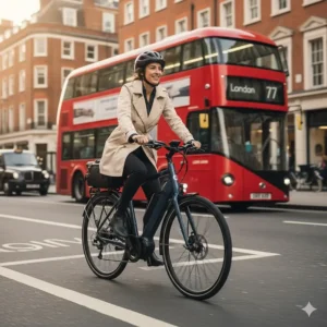 A female cyclist commuting on an electric bike past iconic London red buses, equipped with integrated lights and a pannier rack.