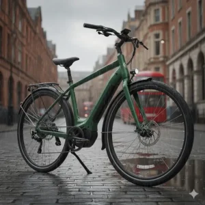 An illustration of a women's electric bike with full-length mudguards and disc brakes, ideal for wet British weather conditions.