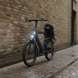 An apartment friendly ebike with mudguards and integrated lights, ready for a wet UK commute, leaning against a brick wall.