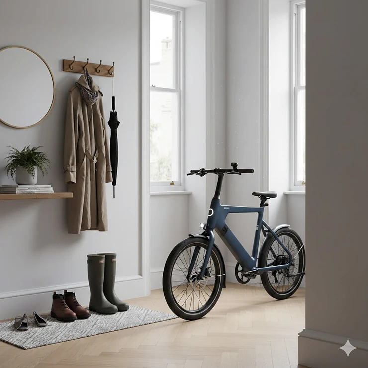 A compact apartment friendly ebike parked in a modern London flat hallway, showing its space-saving design near a coat rack and boots. apartment friendly ebike