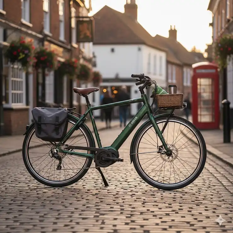 A high-end mid drive ebike leaning against a brick wall in a British city, highlighting the integrated motor and sleek frame design. mid drive ebike