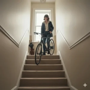 A commuter effortlessly carrying a lightweight electric bike up the stairs of a typical British terraced house.