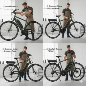 Step-by-step illustration of how to remove a rear hub motor wheel to fix a puncture on an ebike.