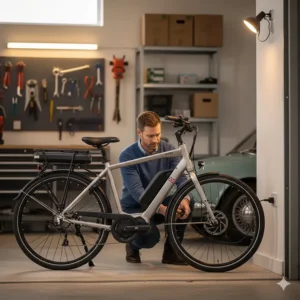 A person charging a dual battery electric bike using a standard UK three-pin plug in a home garage.
