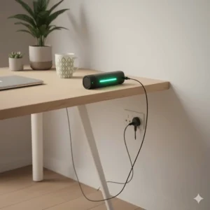 A compact e-bike battery plugged into a standard UK three-pin wall socket on an office desk.