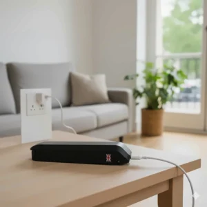 An electric bike battery charging at a standard UK three-pin wall socket in a living room.