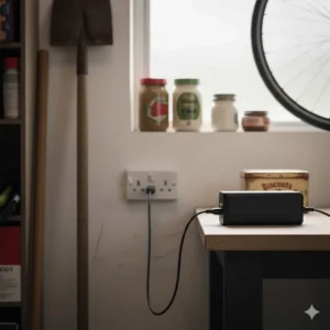 An electric bike battery being charged using a standard UK three-pin plug in a domestic garage.