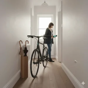 An illustration demonstrating how a lightweight bike with a removable battery fits into a narrow UK hallway or storage cupboard.