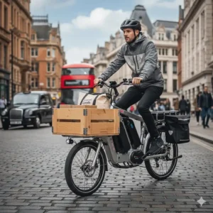 A heavy-duty electric cargo bike with a dual battery system designed for long-distance deliveries in British city centres.