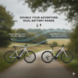 An infographic showing the extended mileage of a dual battery electric bike compared to single battery models.