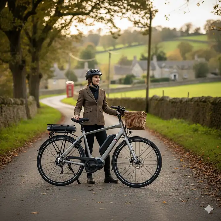 A commuter riding a dual battery electric bike through a leafy London street, highlighting the long-range power. dual battery electric bike