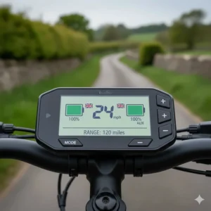 Close-up of a handlebar-mounted display showing the remaining charge levels for both batteries on an e-bike.