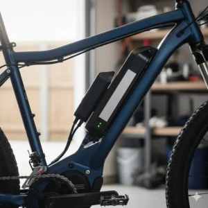 Close-up of a dual-battery setup on an electric bike designed for maximum mileage per charge.
