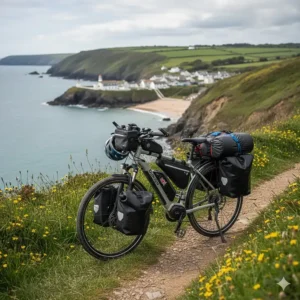 A fully loaded electric trekking bike with dual batteries parked on a scenic coastal path in Cornwall.
