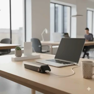 A compact ebike battery charging discreetly on an office desk next to a laptop.