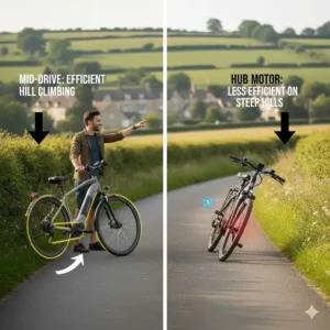 Illustration showing the balanced weight distribution of a mid-drive motor compared to a rear-heavy hub motor.