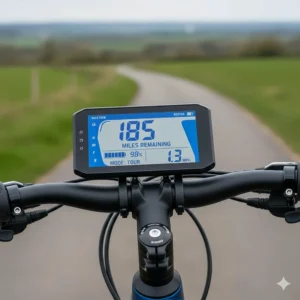 An ebike handlebar display showing high remaining battery mileage for a long-distance journey.