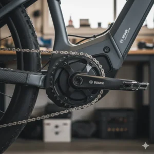 Close-up of a Bosch mid drive motor integrated into the bottom bracket of a high-performance ebike.