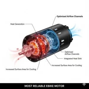 Alt text for image 5 Infographic showing how efficient cooling systems contribute to making this the most reliable ebike motor for long-distance touring.