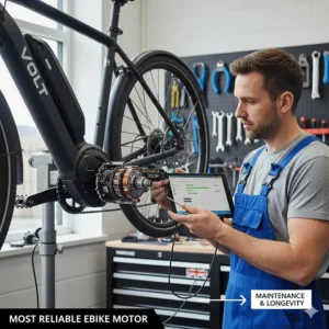 Alt text for image 7 A mechanic at a UK service centre performing a diagnostic check on a long-lasting electric bike motor system.