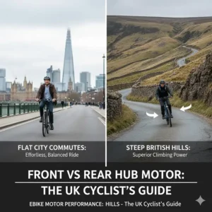 Graphic showing front hub motors for flat city commutes and rear hub motors for better performance on steep British hills.