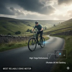 Alt text for image 6 An illustration of an e-bike easily climbing a steep Peak District road, demonstrating motor reliability under high load.