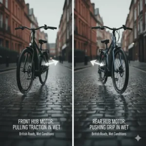 Illustration of an e-bike navigating a wet British road, comparing front-motor traction versus rear-motor grip.