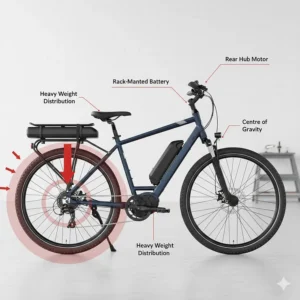 Diagram showing the rear-heavy weight distribution of an electric bike with a hub motor and rack battery.