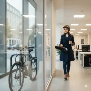 A commuter carrying their ebike battery into an office for security while the bike is locked outside.
