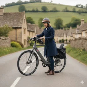 A cyclist swapping a depleted battery for a fresh spare during a long ride through the Cotswolds.