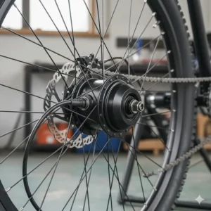 Close-up view of a 250W rear hub motor laced into a black alloy rim with a disc brake.