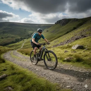 A rider using a long-range ebike to navigate a steep incline in the Peak District National Park.