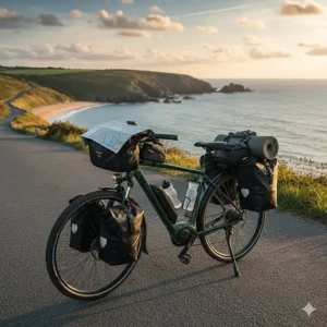 A long-distance electric bike equipped with pannier bags for a multi-day cycling tour across Cornwall.