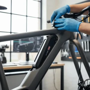 A technician fitting a waterproof integrated battery into a sleek aluminium frame for a modern e-bike.