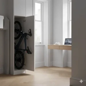 A compact apartment friendly ebike folded down to fit neatly inside a storage cupboard or under a desk.