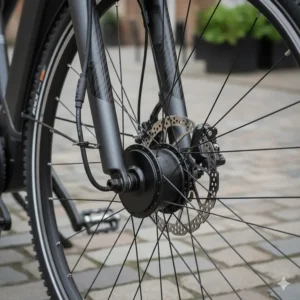 Detailed view of a front hub motor integrated into the front wheel of an e-bike, showing the power cable and disc brake.