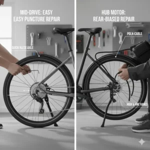 An illustration of a front-mounted hub motor on a budget-friendly electric commuter bike.