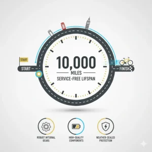Infographic showing the 10,000-mile service-free lifespan of a high-quality electric bike motor.