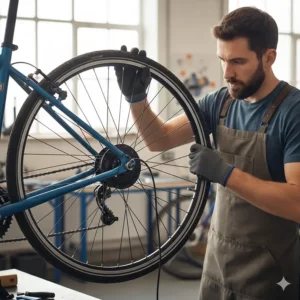 A mechanic installing a rear hub motor wheel into the dropouts of a hybrid bike frame.